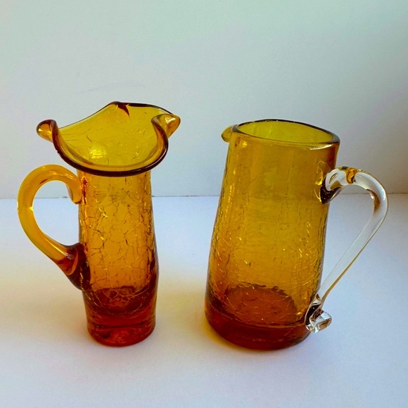 Miniature PAIR of Blown Glass Pitchers Golden Amber Crackle Glass Creamers 4” - Picture 1 of 8